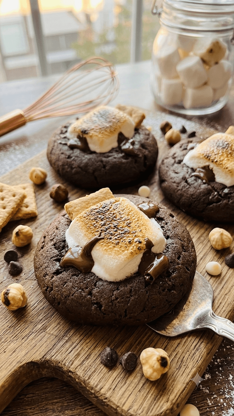 Chocolate cookies topped with toasted marshmallow and molten chocolate
