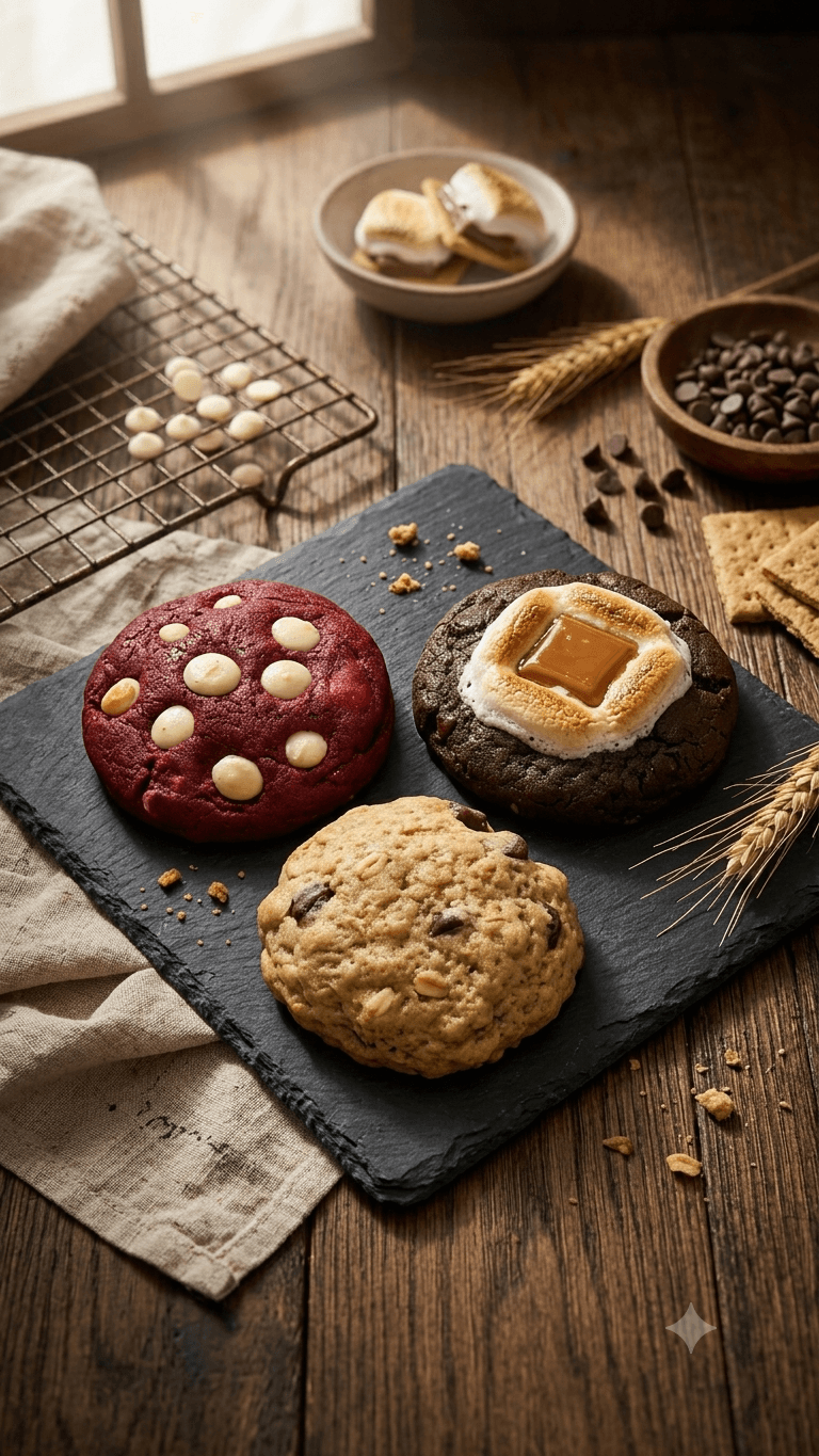 Red velvet, caramel marshmallow, and oatmeal chocolate chip cookies on a slate board