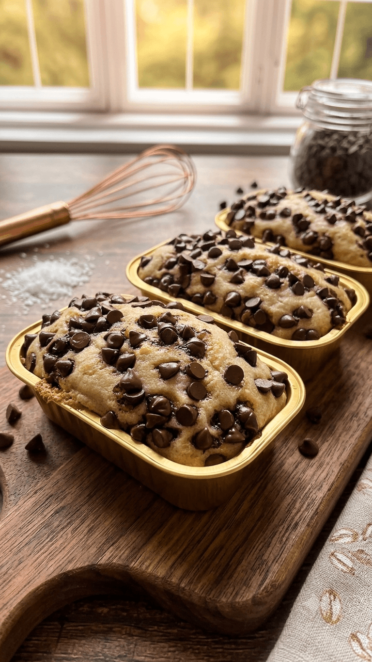 Loaf cakes baked in gold tins, generously topped with chocolate chips