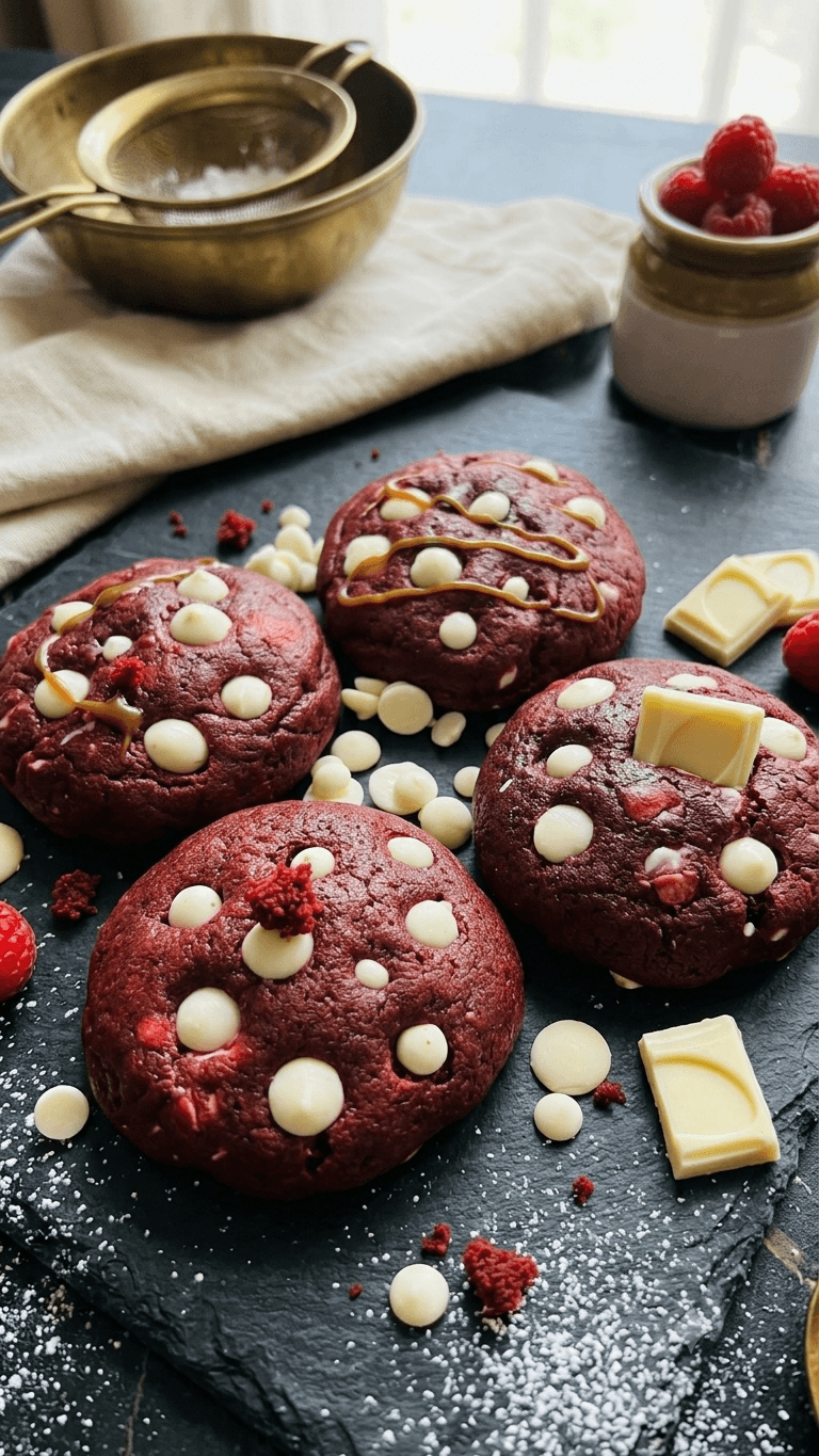 Red velvet cookies studded with white chocolate, styled with fresh raspberries