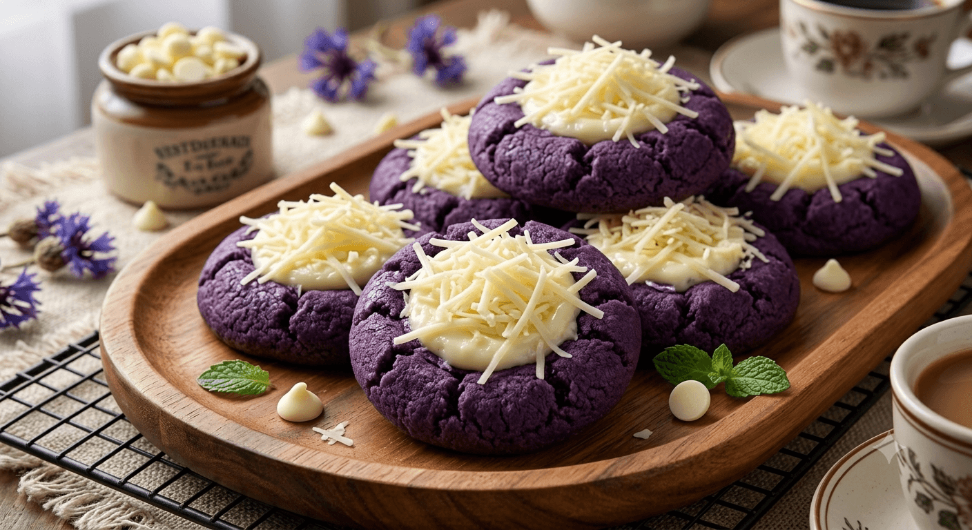 Purple ube cookies topped with shredded cheese, styled with fresh flowers