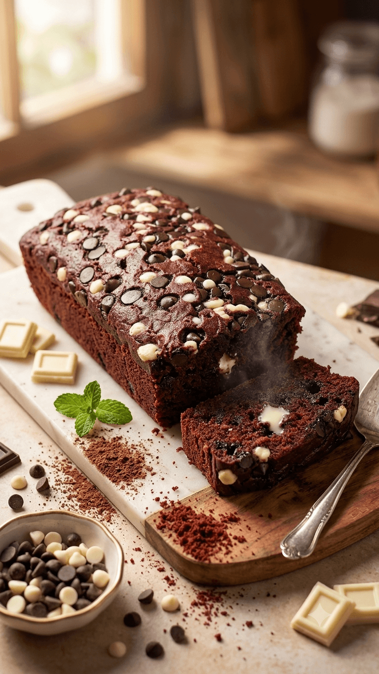 A sliced red velvet loaf cake, warm and steaming, studded with chocolate and white chocolate chips