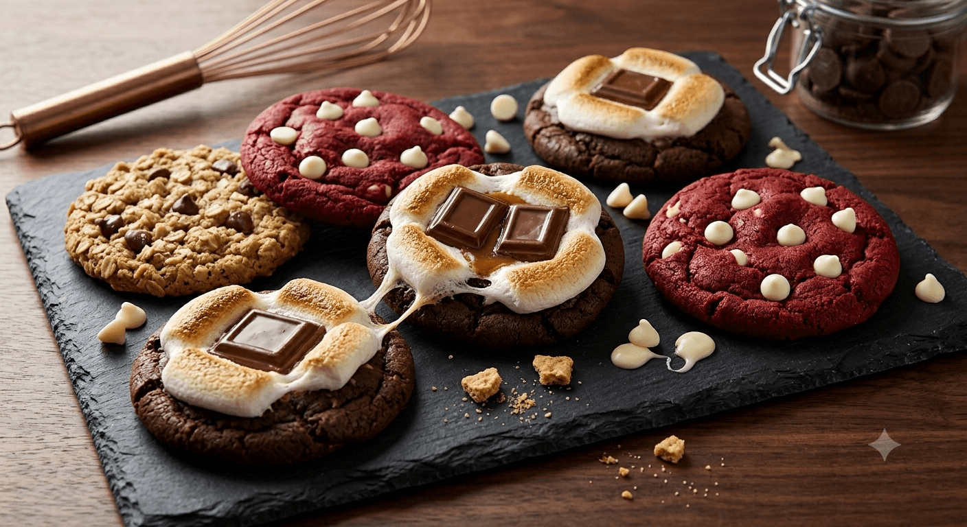 An assortment of Beshy Bakes gourmet cookies styled on a slate board