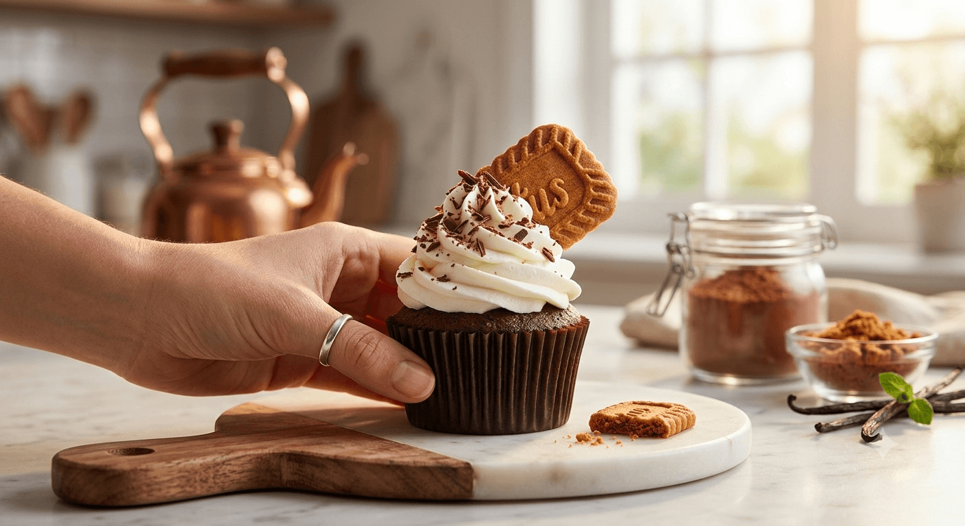 A Beshy Bakes cupcake, freshly finished and held with care